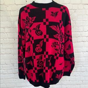 Vintage Pink and Black Rose Geometric Crew Neck Sweater